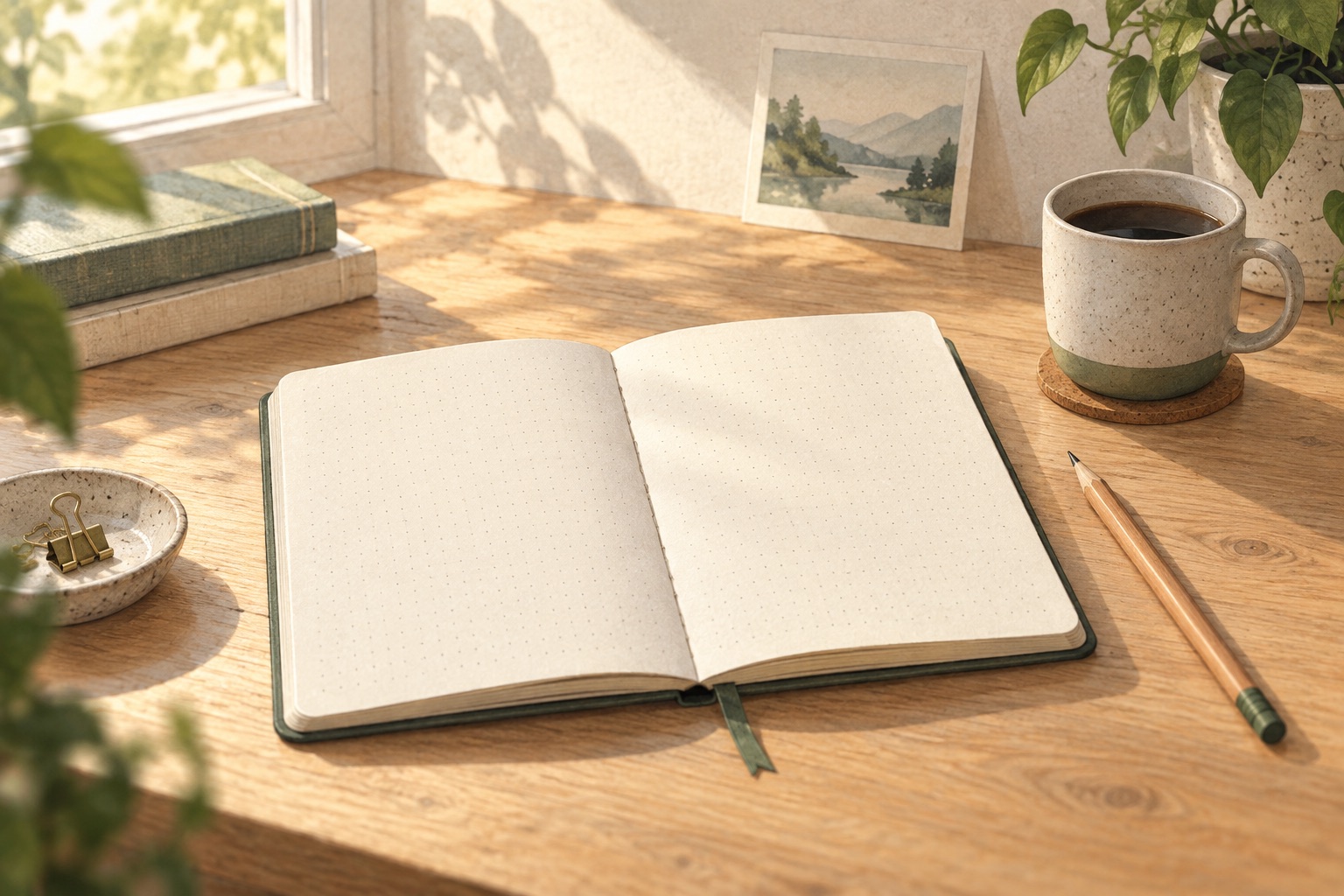 An open notebook and pencil on a sunlit desk beside a cup of coffee.